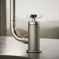 Single-handle bar sink faucet with two-function extended-reach spout and side sprayer
