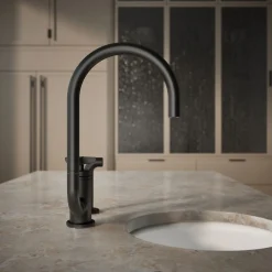 Single-handle bar sink faucet with two-function extended-reach spout and side sprayer