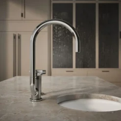 Single-handle bar sink faucet with two-function extended-reach spout and side sprayer
