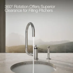 Single-handle bar sink faucet with two-function extended-reach spout and side sprayer