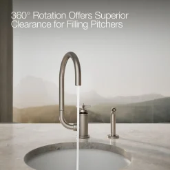 Single-handle bar sink faucet with two-function extended-reach spout and side sprayer