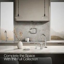 Single-handle bar sink faucet with two-function extended-reach spout and side sprayer