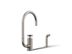 Single-handle bar sink faucet with two-function extended-reach spout and side sprayer
