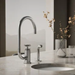 Single-handle bar sink faucet with two-function extended-reach spout and side sprayer