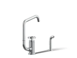 Single-handle bar sink faucet with two-function extended-reach spout and side sprayer