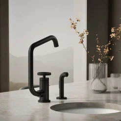 Single-handle bar sink faucet with two-function extended-reach spout and side sprayer
