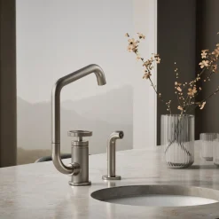 Single-handle bar sink faucet with two-function extended-reach spout and side sprayer