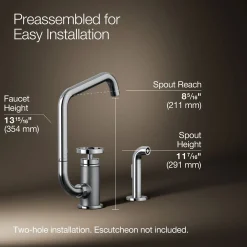 Single-handle bar sink faucet with two-function extended-reach spout and side sprayer