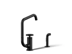 Single-handle bar sink faucet with two-function extended-reach spout and side sprayer