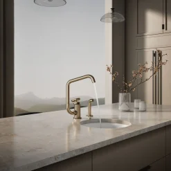 Single-handle bar sink faucet with two-function extended-reach spout and side sprayer