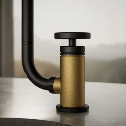 Single-handle bar sink faucet with two-function extended-reach spout and side sprayer
