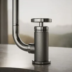 Single-handle bar sink faucet with two-function extended-reach spout and side sprayer