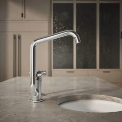 Single-handle bar sink faucet with two-function extended-reach spout and side sprayer