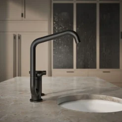 Single-handle bar sink faucet with two-function extended-reach spout and side sprayer