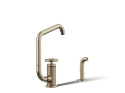 Single-handle bar sink faucet with two-function extended-reach spout and side sprayer