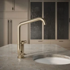 Single-handle bar sink faucet with two-function extended-reach spout and side sprayer