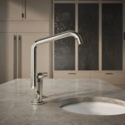 Single-handle bar sink faucet with two-function extended-reach spout and side sprayer