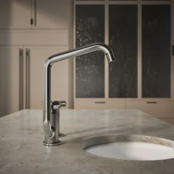 Single-handle bar sink faucet with two-function extended-reach spout and side sprayer