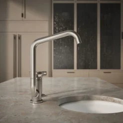 Single-handle bar sink faucet with two-function extended-reach spout and side sprayer