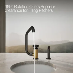 Single-handle bar sink faucet with two-function extended-reach spout and side sprayer