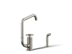 Single-handle bar sink faucet with two-function extended-reach spout and side sprayer
