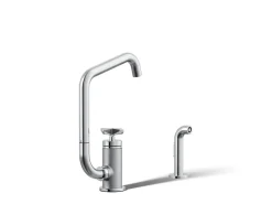 Single-handle bar sink faucet with two-function extended-reach spout and side sprayer