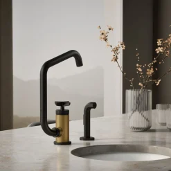 Single-handle bar sink faucet with two-function extended-reach spout and side sprayer