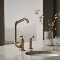Single-handle bar sink faucet with two-function extended-reach spout and side sprayer