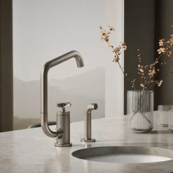 Single-handle bar sink faucet with two-function extended-reach spout and side sprayer