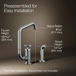 Single-handle bar sink faucet with two-function extended-reach spout and side sprayer