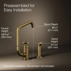 Single-handle bar sink faucet with two-function extended-reach spout and side sprayer