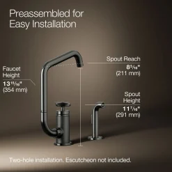 Single-handle bar sink faucet with two-function extended-reach spout and side sprayer