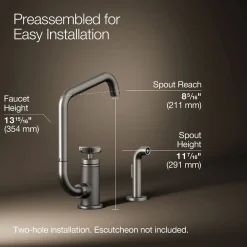 Single-handle bar sink faucet with two-function extended-reach spout and side sprayer
