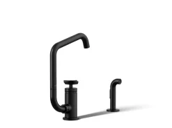 Single-handle bar sink faucet with two-function extended-reach spout and side sprayer