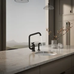 Single-handle bar sink faucet with two-function extended-reach spout and side sprayer