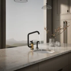 Single-handle bar sink faucet with two-function extended-reach spout and side sprayer
