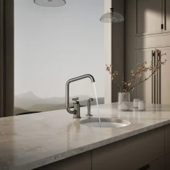 Single-handle bar sink faucet with two-function extended-reach spout and side sprayer