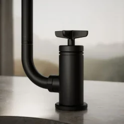 Single-handle bar sink faucet with two-function extended-reach spout and side sprayer