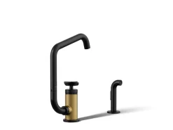 Single-handle bar sink faucet with two-function extended-reach spout and side sprayer