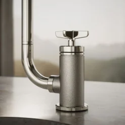 Single-handle bar sink faucet with two-function extended-reach spout and side sprayer