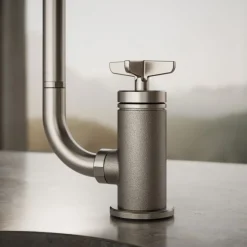 Single-handle bar sink faucet with two-function extended-reach spout and side sprayer