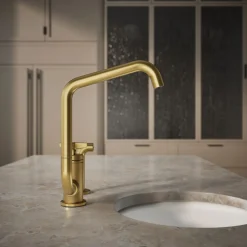 Single-handle bar sink faucet with two-function extended-reach spout and side sprayer