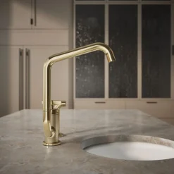 Single-handle bar sink faucet with two-function extended-reach spout and side sprayer