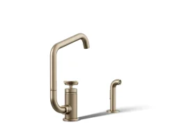 Single-handle bar sink faucet with two-function extended-reach spout and side sprayer