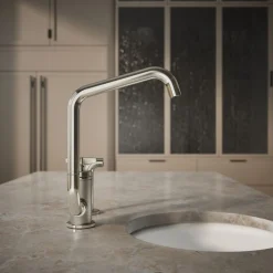 Single-handle bar sink faucet with two-function extended-reach spout and side sprayer
