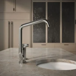 Single-handle bar sink faucet with two-function extended-reach spout and side sprayer