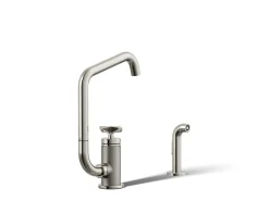 Single-handle bar sink faucet with two-function extended-reach spout and side sprayer