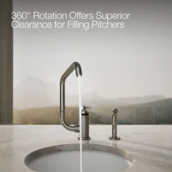 Single-handle bar sink faucet with two-function extended-reach spout and side sprayer
