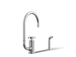 Single-handle bar sink faucet with two-function extended-reach spout and side sprayer
