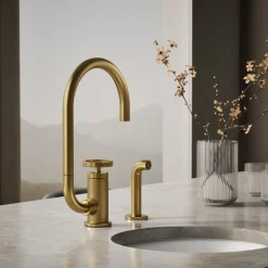 Single-handle bar sink faucet with two-function extended-reach spout and side sprayer